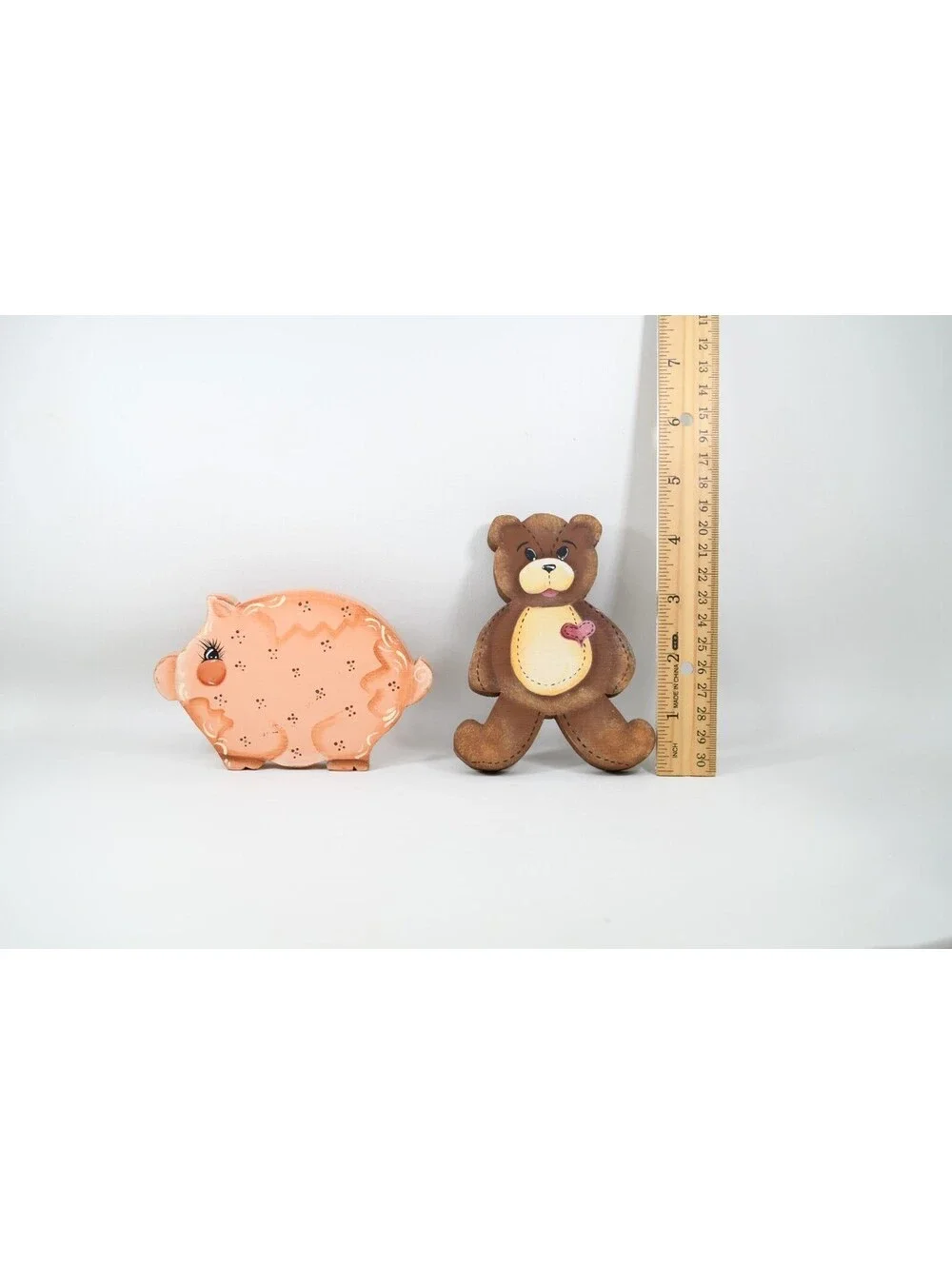 Vintage 1980s Wood Heart Pig Sheep Bear Hand Painted Granny Cottage Core Nursery